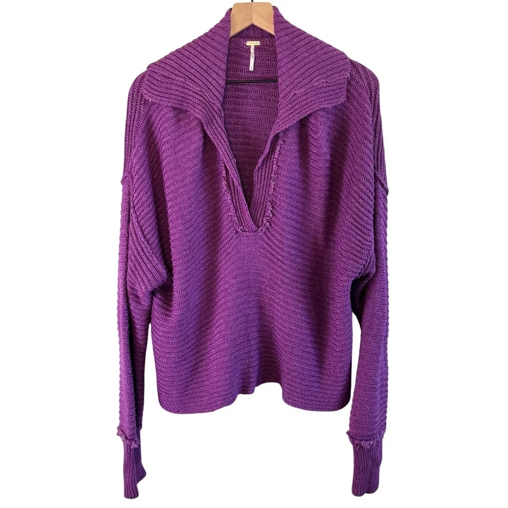 Free People Sweater Purple Women Small Ribbed V-Neck Oversized Raw Edge Boho